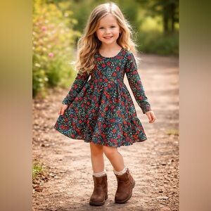 Girls Floral Celebration Skater Long Sleeve Dress by Hanna Andersson, Size 6-7